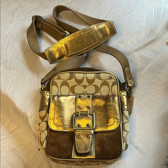 Coach Gold and Tan Crossbody Bag with Signature Design - Picture 1 of 4